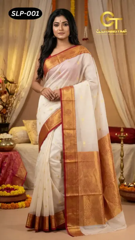 Blended Silk White Red Pear Saree SLP-001